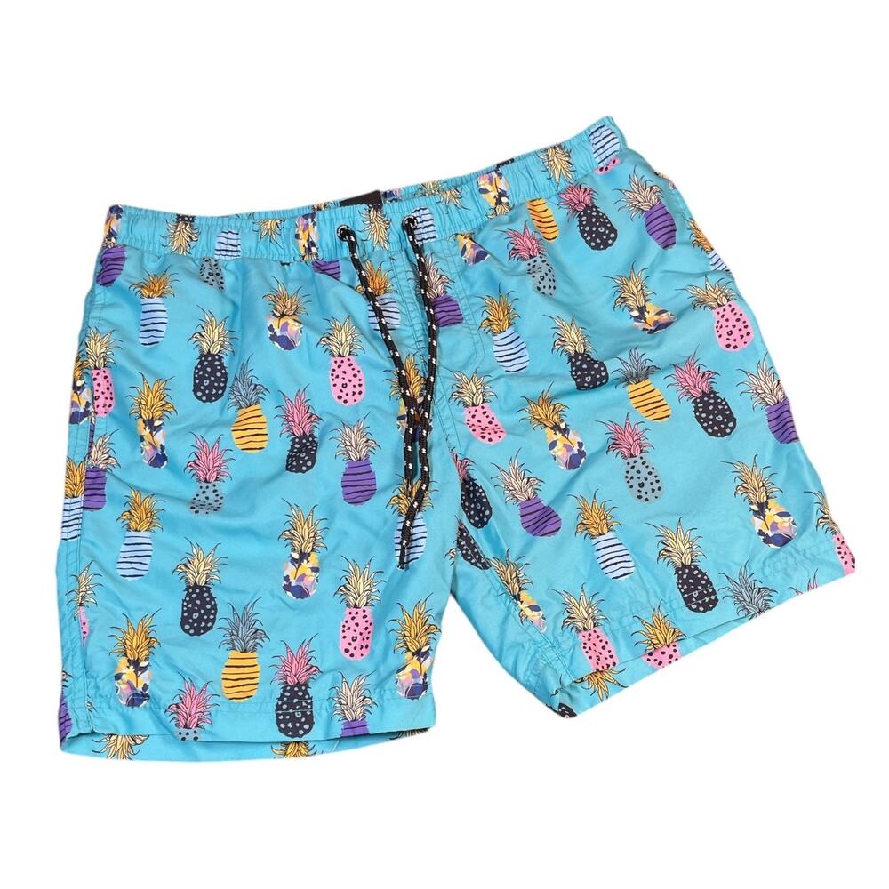 Distortion Mens M Blue Pineapple Swim Trunks Mesh Lining Elastic Waist Pull On
